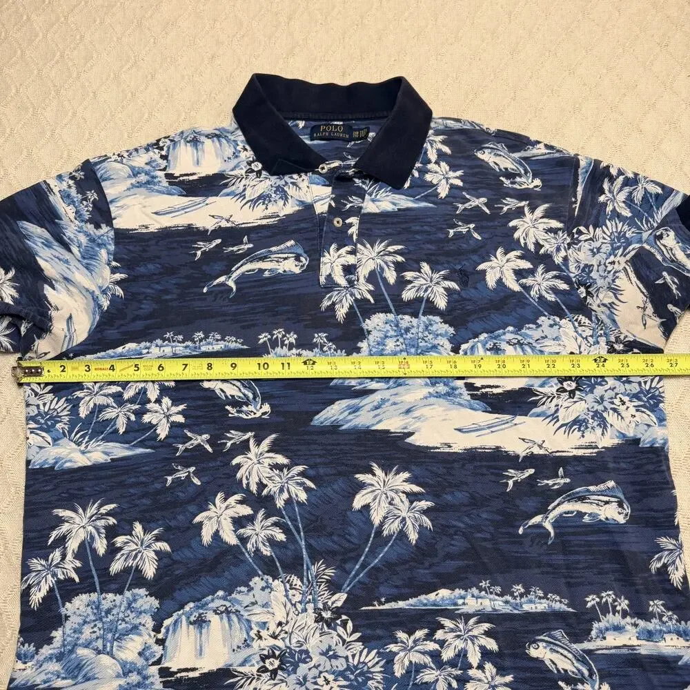 POLO RALPH LAUREN Polo Shirt Men Large Blue Hawaiian Tropical Fishing Resort 2XB